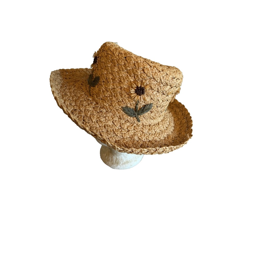 Sun Hat Tan Straw Floral Embroidered Braided Wide Brim Summer Boho‎